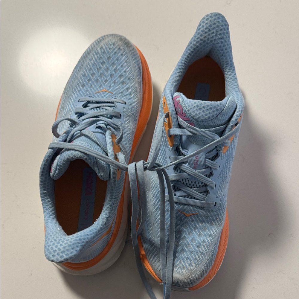 Hoka Light Blue and Orange Athletic Shoes